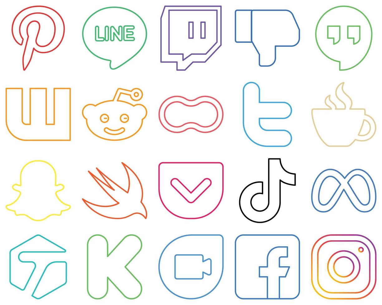 20 Eye-catching and vibrant Colourful Outline Social Media Icons such as swift. peanut. streaming and tweet Customizable and high-resolution vector