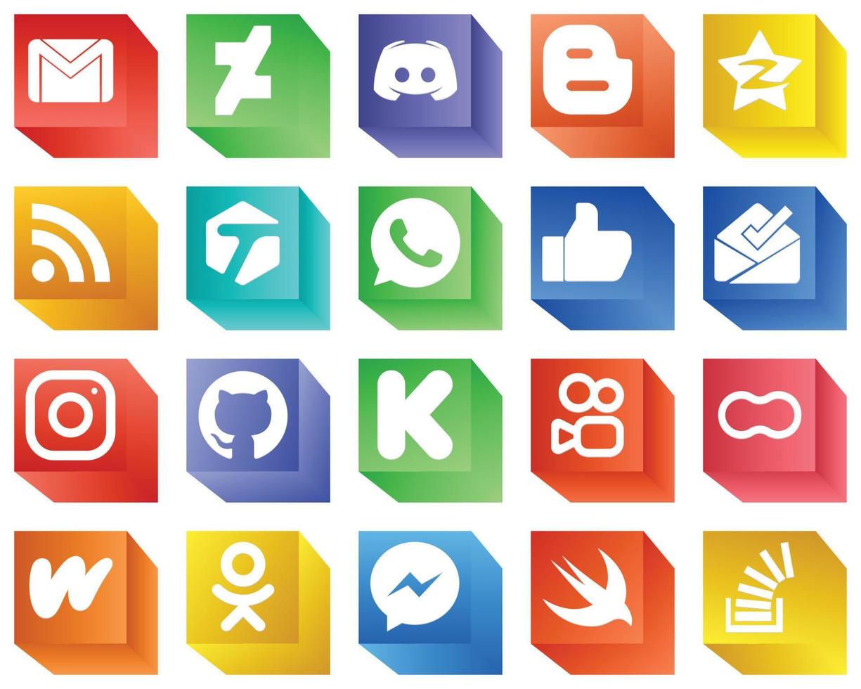 Iconos de redes sociales en 3d para materiales de marketing Paquete de 20 iconos como me gusta. etiquetado iconos de blogger y feed. profesional y limpio vector