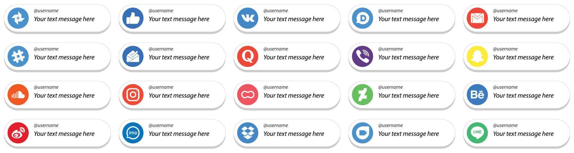 20 Follow Me Social Media Icons with Customizable Message such as sound. snapchat. spotify and viber icons. Minimalist and professional vector