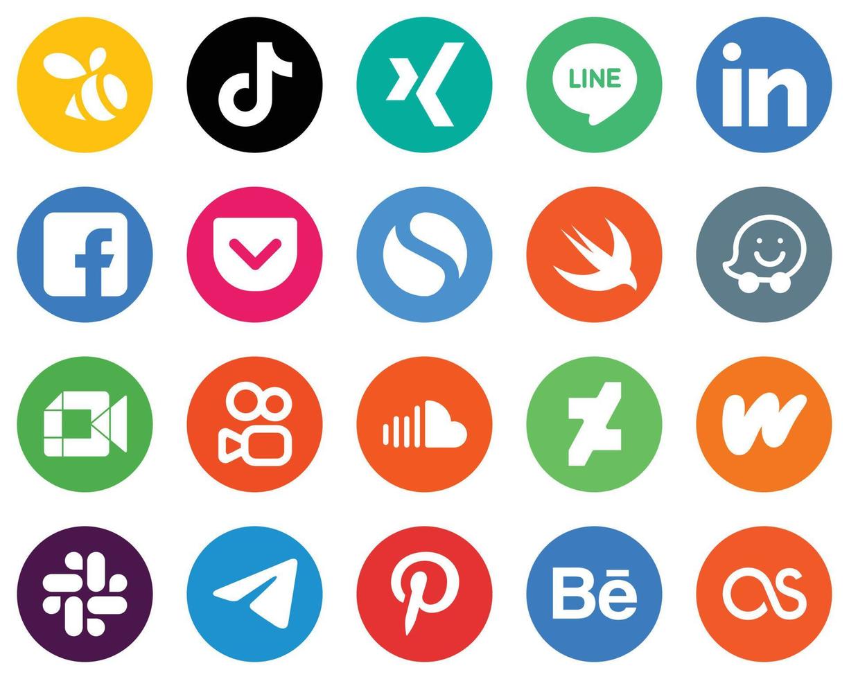 20 Clean White Icons google meet. swift. linkedin and simple Flat Circle Backgrounds vector