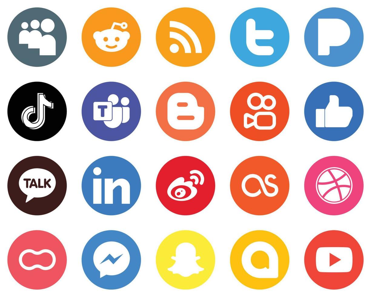 20 Minimalistic White Icons like. blog. douyin. blogger and microsoft team Flat Circle Backgrounds vector