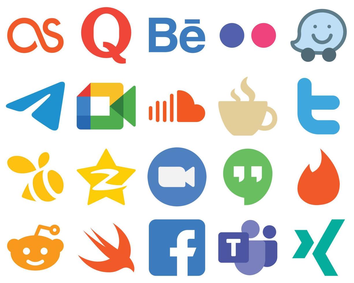 20 iconos de medios sociales planos de estilo vectorial en streaming. música. iconos de mensajero y sonido. colección de iconos degradados vector