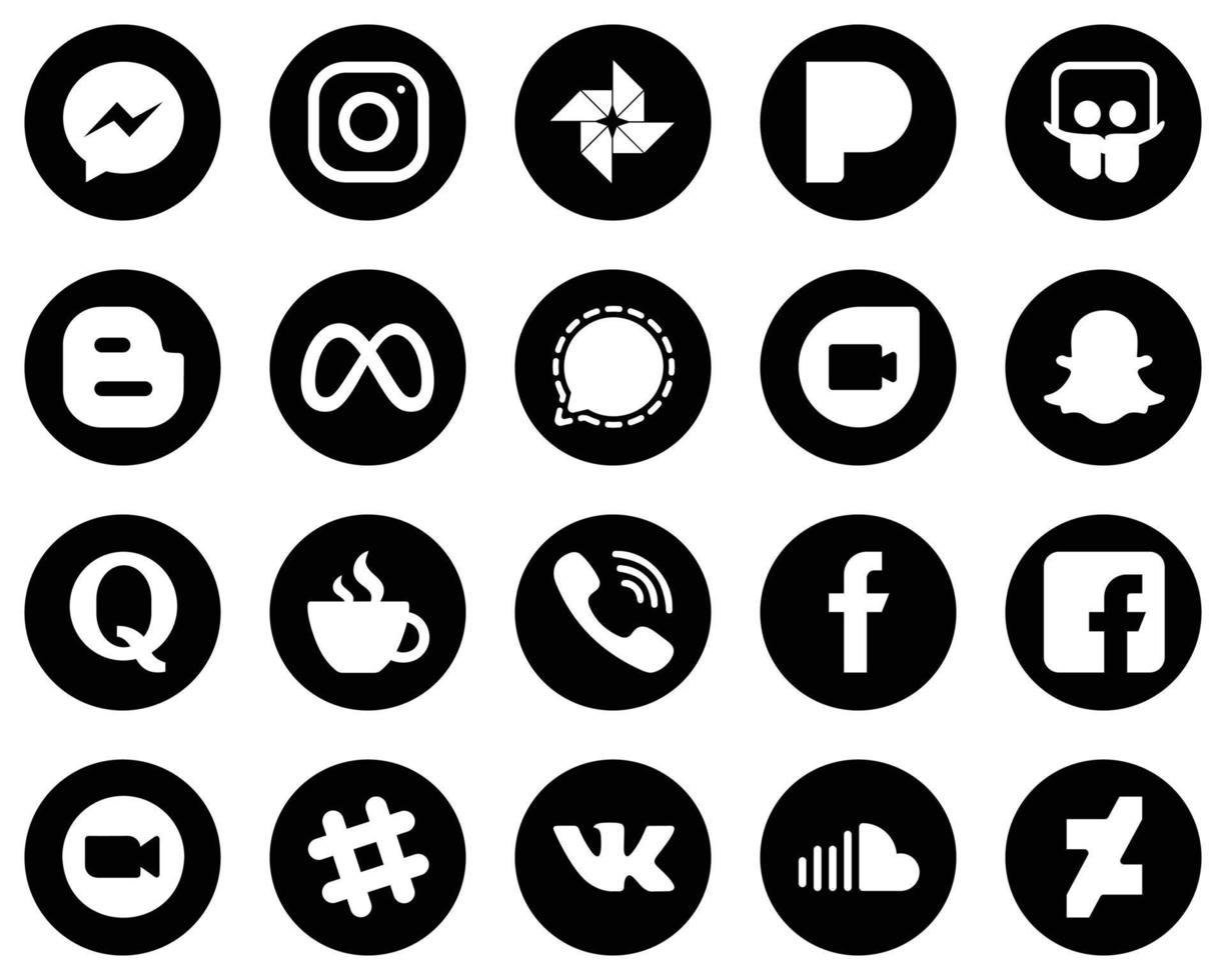 20 iconos creativos de medios sociales blancos sobre fondo negro como Snapchat. compartir diapositivas. iconos de mensajería y facebook. minimalista y personalizable vector