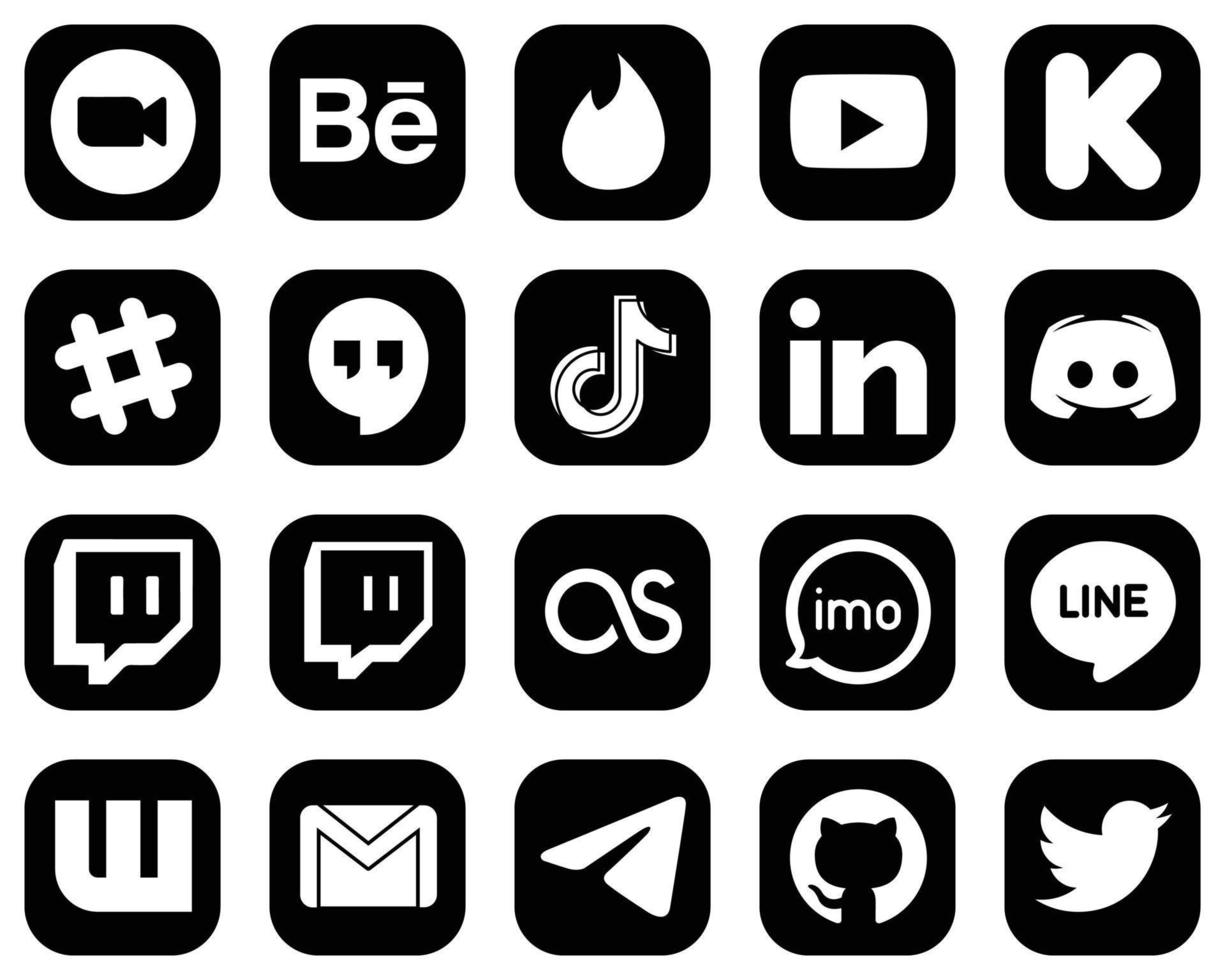 20 High-Quality White Social Media Icons on Black Background such as linkedin. china. kickstarter. video and tiktok icons. Customizable and unique vector