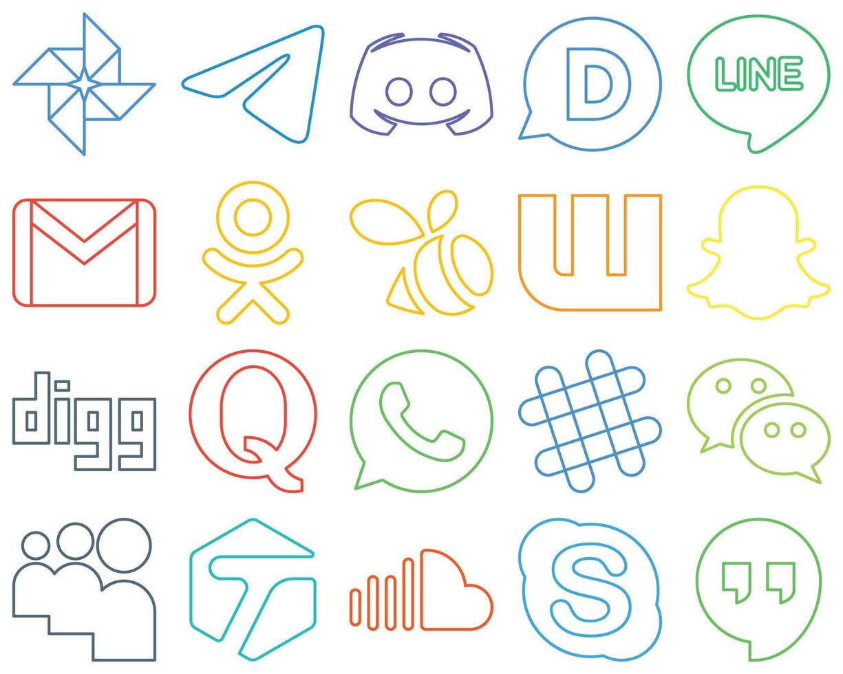 20 Fully editable and versatile Colourful Outline Social Media Icons such as digg. wattpad. disqus. swarm and mail Versatile and premium vector