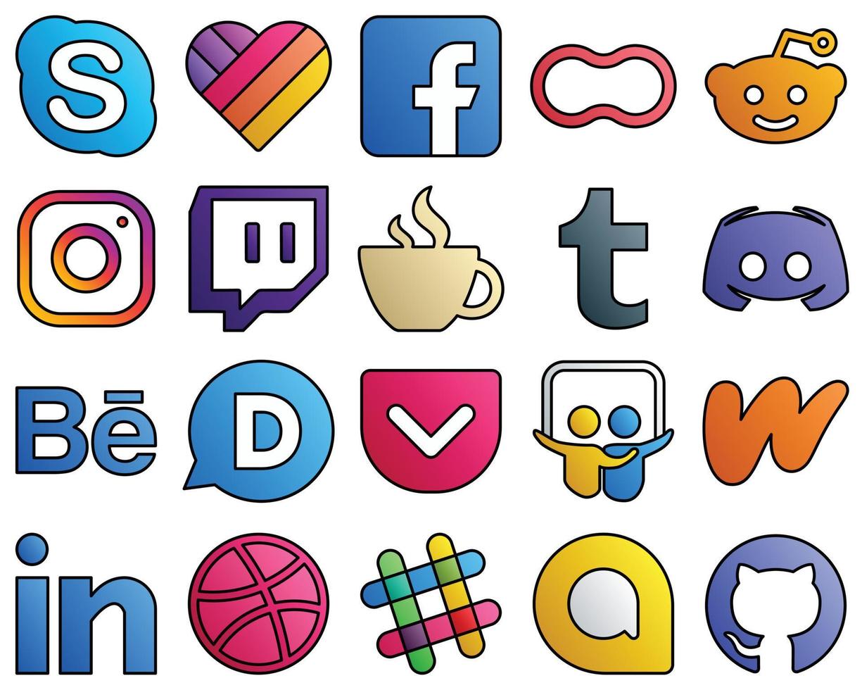 colección de iconos de redes sociales de estilo de línea llena tumblr. transmisión. mujeres y cafeina 20 iconos modernos vector