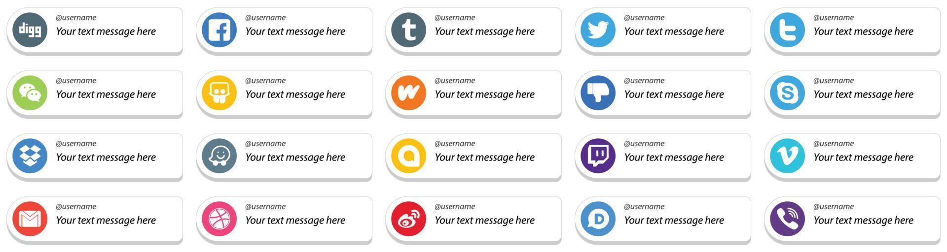 20 Follow Me Icons with Custom Message Option for Popular Social Media Platforms such as waze. chat. messenger. skype and dislike icons. Creative and eye catching vector