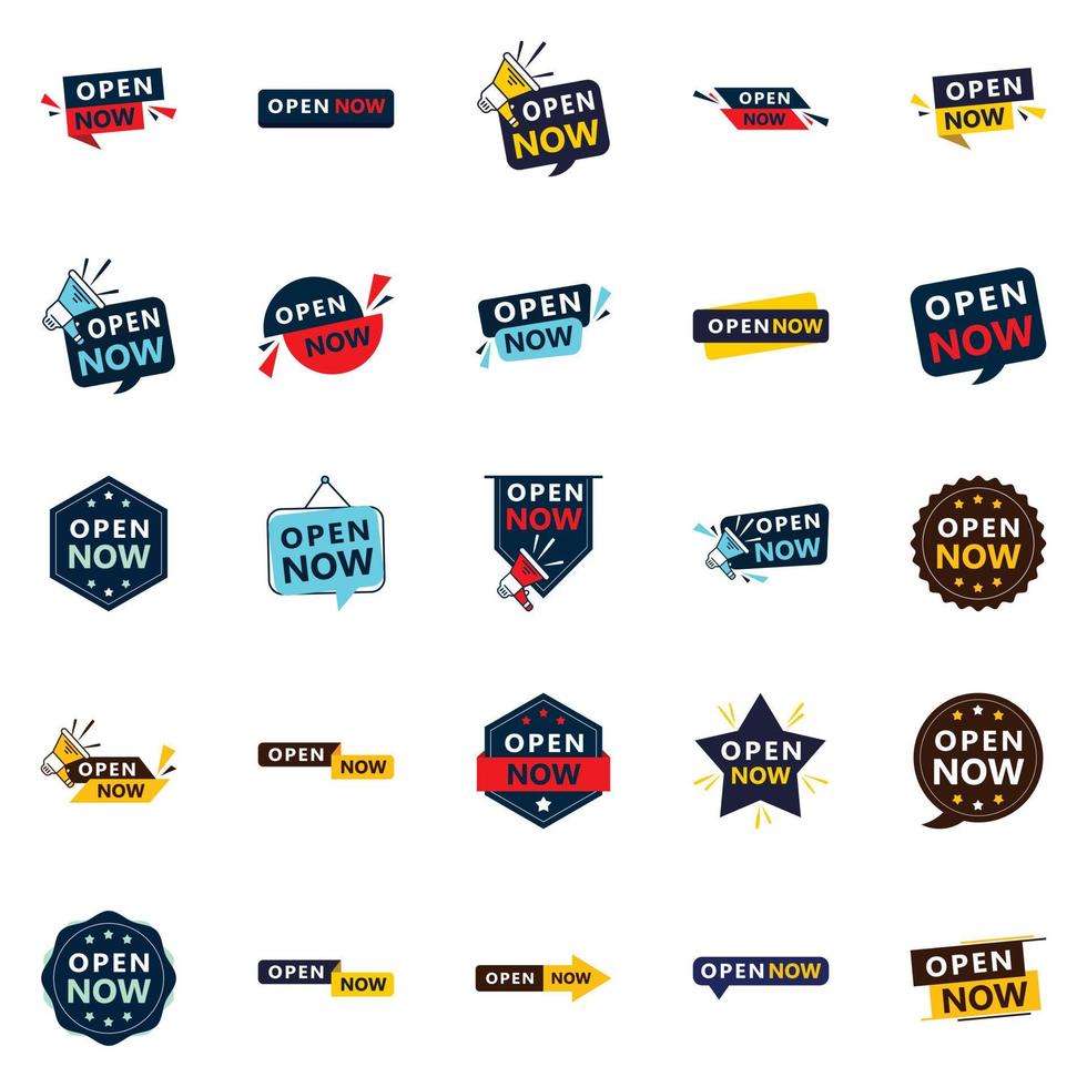 Open now pack 25 different design variations vector
