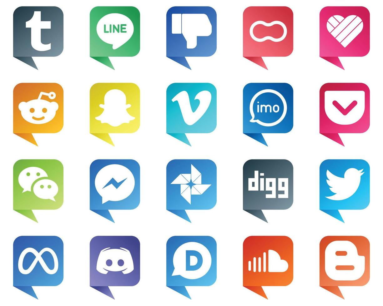 el icono de marca de medios sociales estilo burbuja de chat establece 20 iconos como wechat. reddit. iconos de video e imo. alta resolución y editable vector