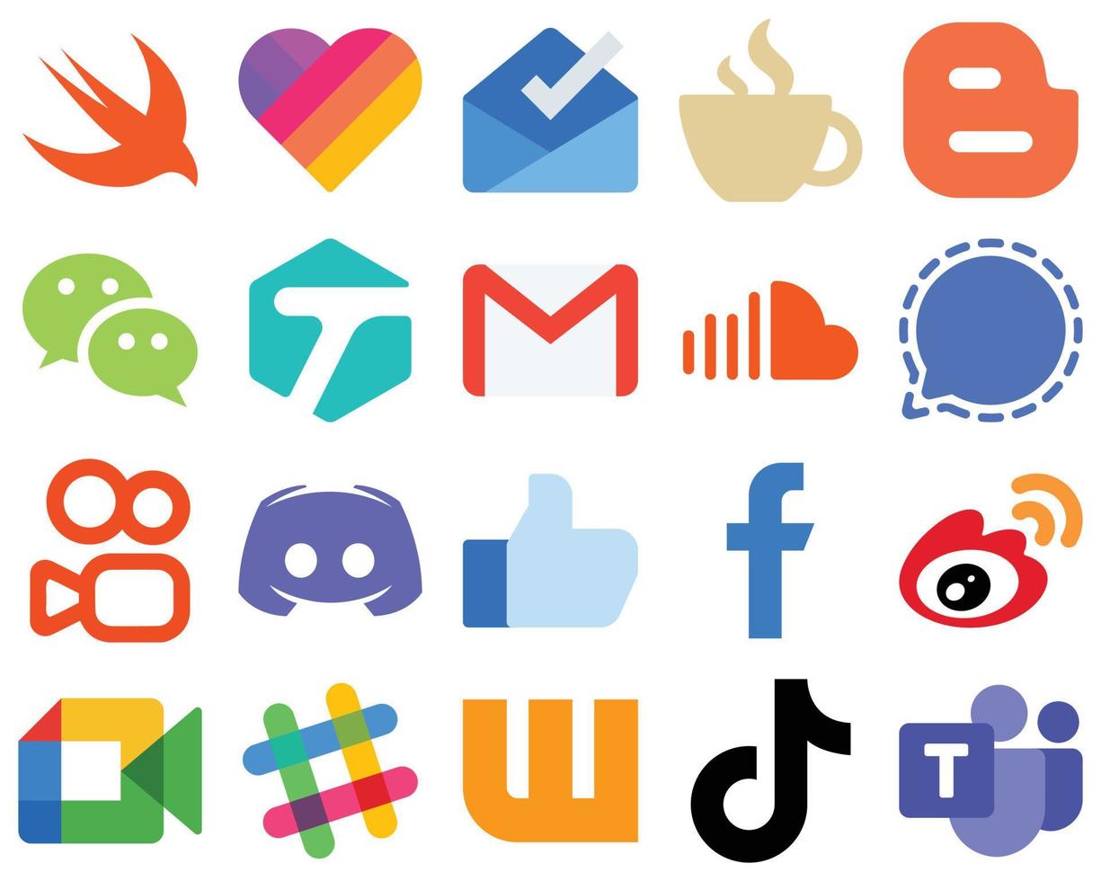 Señal de 20 iconos de redes sociales planos de interfaz plana. sonido. wechat iconos de soundcloud y correo electrónico. paquete de iconos de redes sociales degradados vector