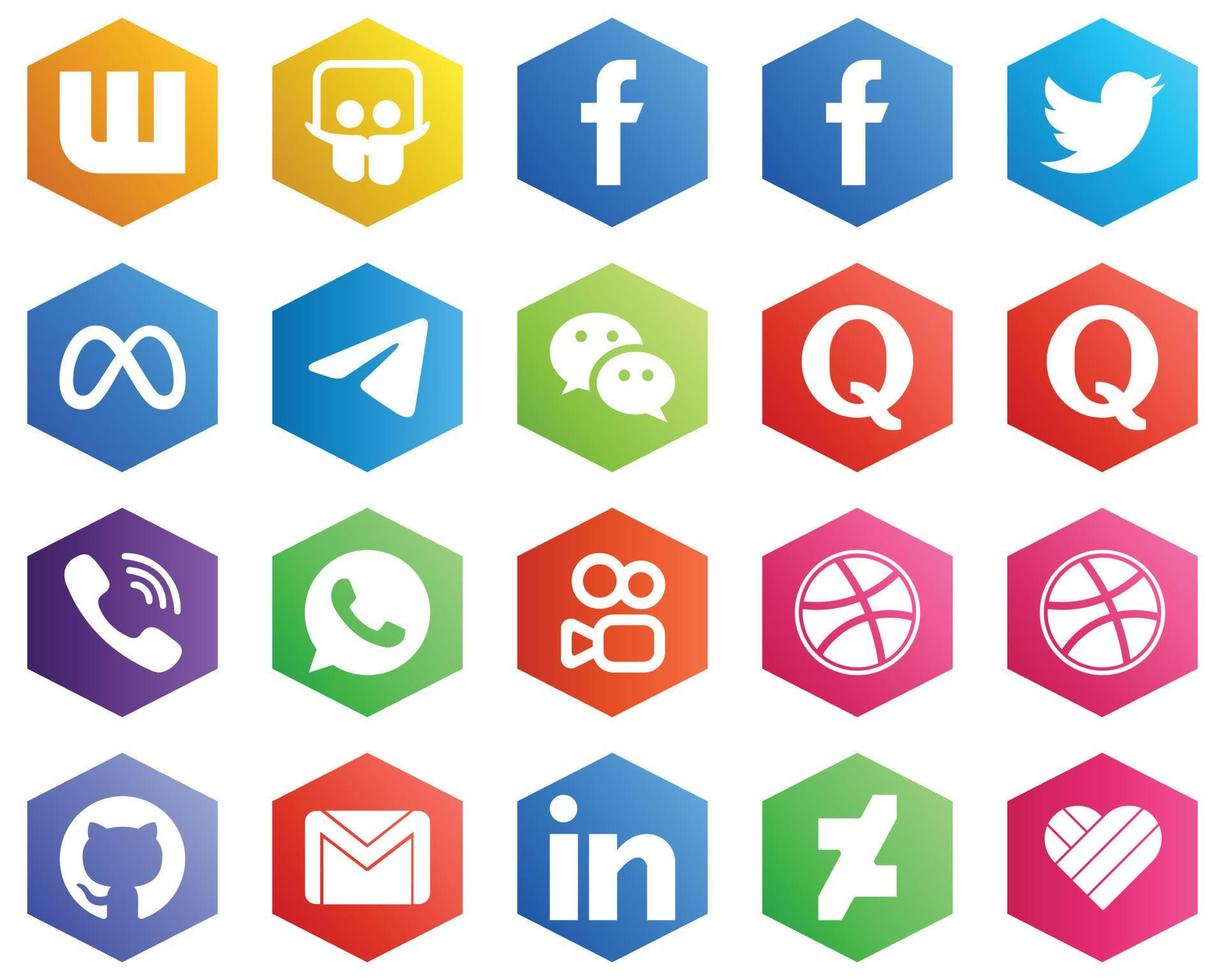 25 Clean White Icons such as rakuten. question. facebook. quora and wechat icons. Hexagon Flat Color Backgrounds vector