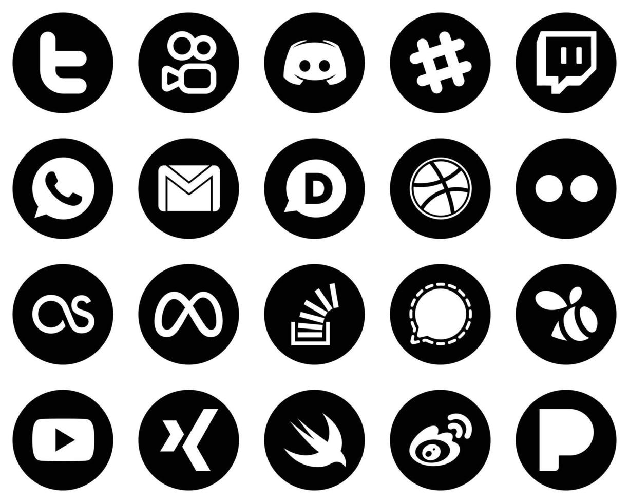 20 High-Resolution White Social Media Icons on Black Background such as lastfm. flickr. twitch. dribbble and mail icons. Clean and professional vector