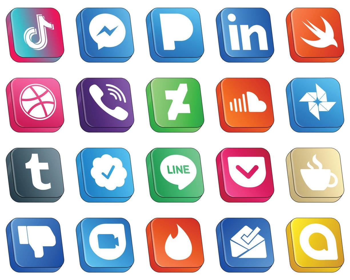 Los íconos isométricos de redes sociales en 3d empaquetan 20 íconos como soundcloud. Pandora. iconos de rakuten y regate. de alta resolución y totalmente personalizable vector