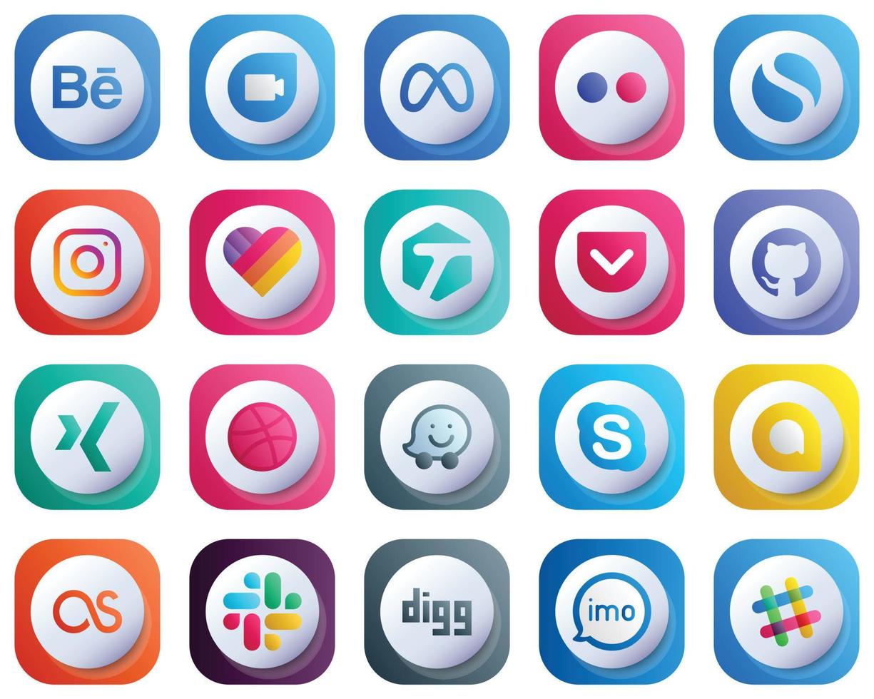 20 Cute 3D Gradient Social Media Brand Icons such as skype. dribbble. meta. xing and pocket icons. Customizable and Stylish vector