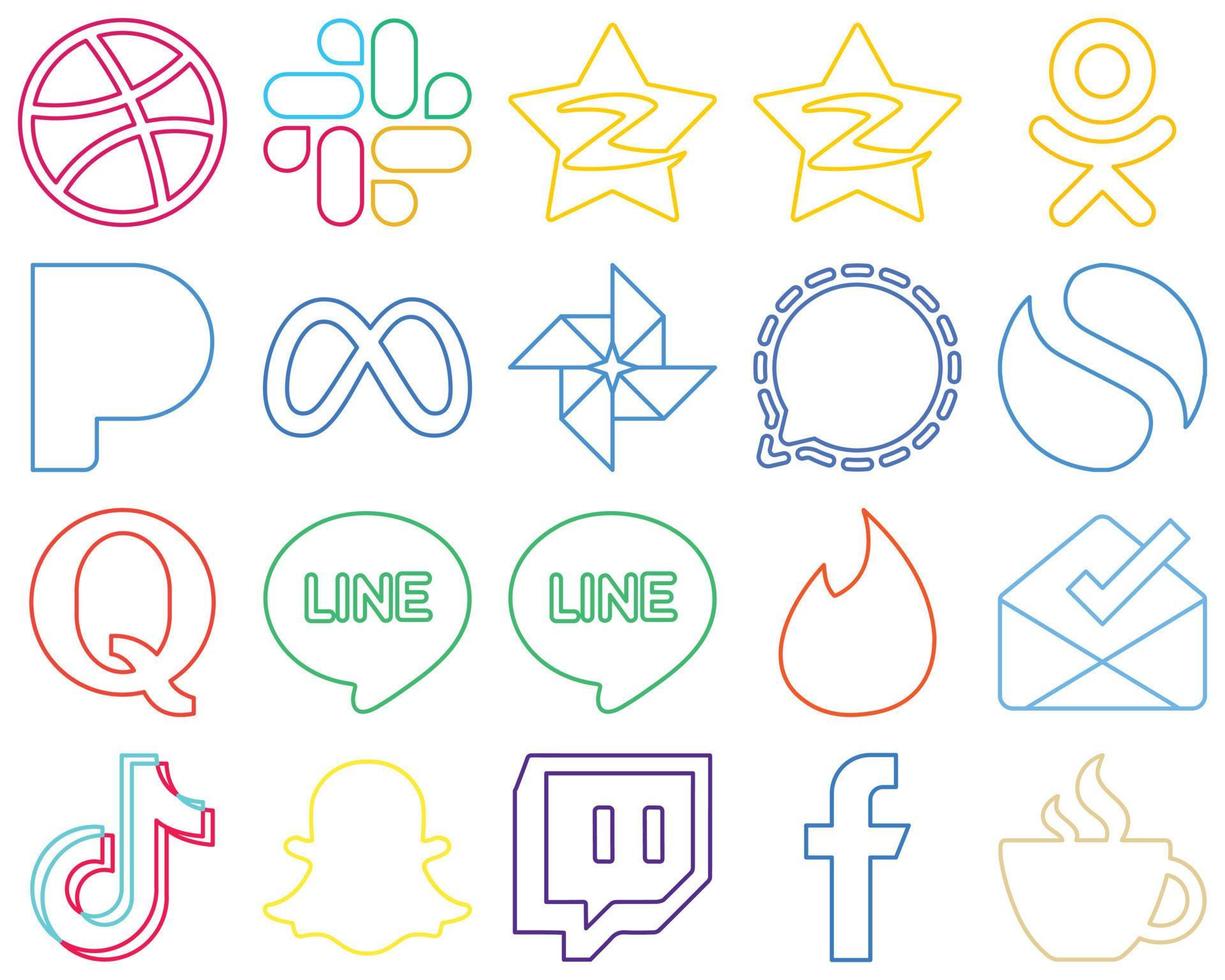 20 Fully editable and versatile Colourful Outline Social Media Icons such as tinder. question. facebook and quora Versatile and premium vector