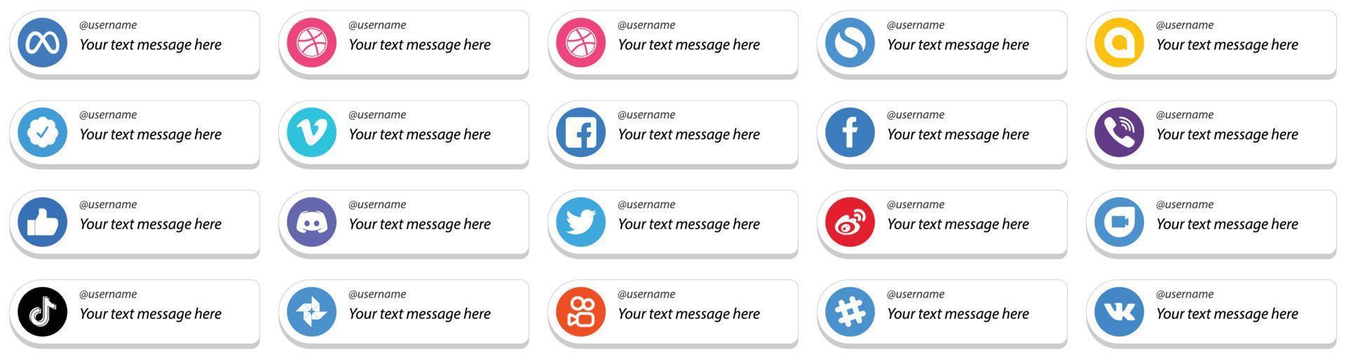 Customizable Social Media Follow Me Icons 20 pack such as message. facebook. facebook. like and rakuten icons. Elegant and high resolution vector