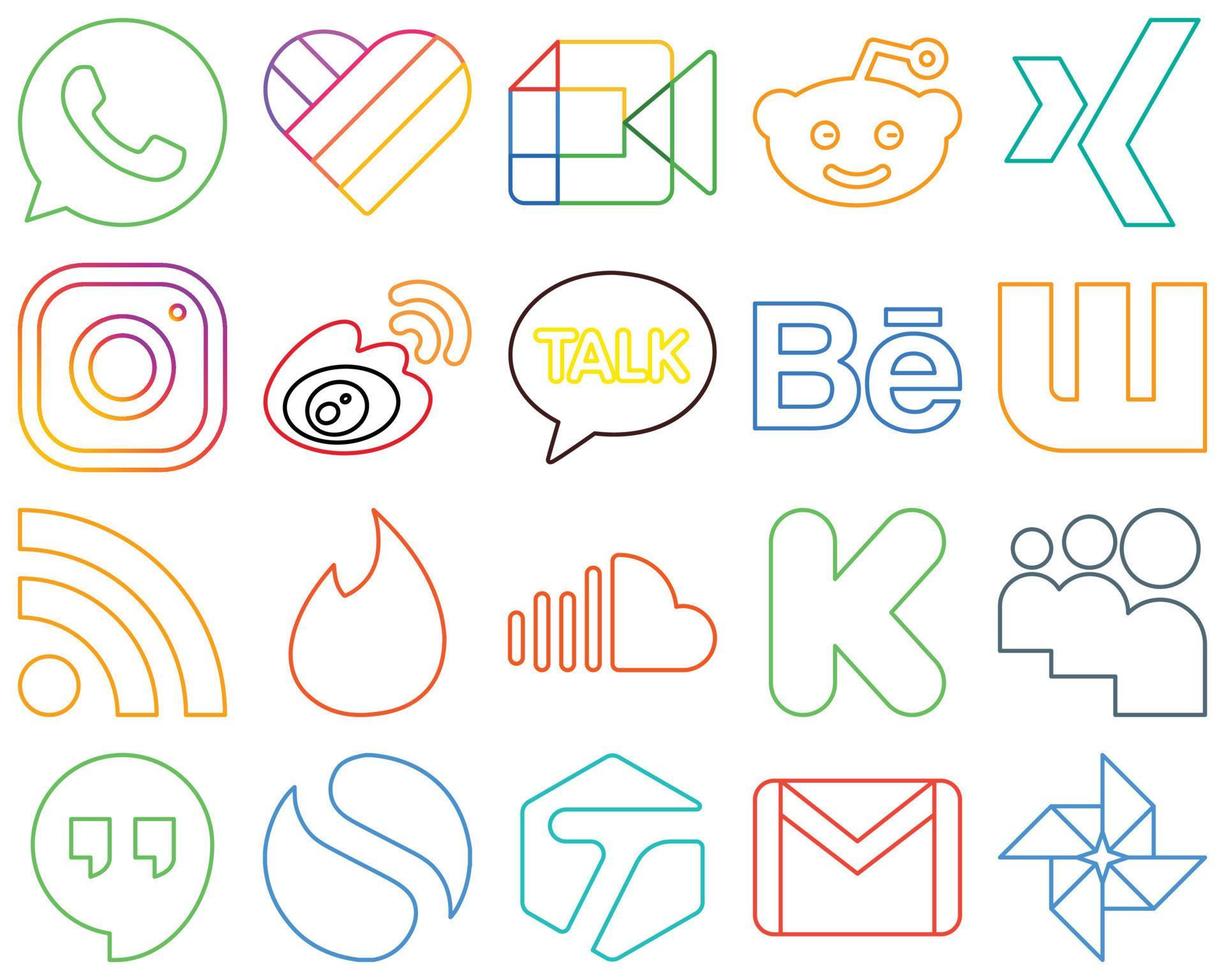20 Stylish and elegant Colourful Outline Social Media Icons such as rss. behance. meta. kakao talk and china High-resolution and versatile vector