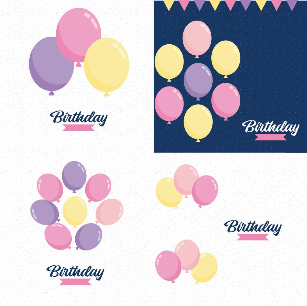 Birthday in a cusrive font with a pastel color scheme and balloons vector