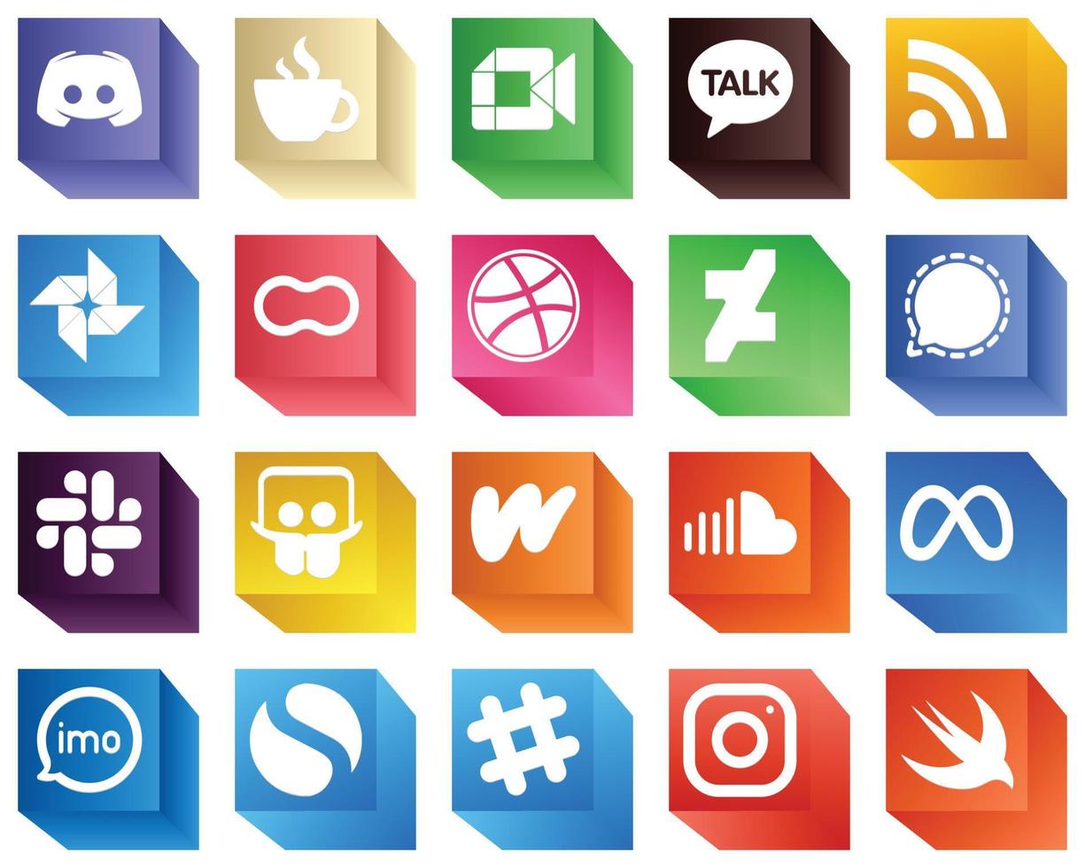 3D Social Media Brand Icons for Advertising 20 Icons Pack such as dribbble. mothers. video. peanut and feed icons. Modern and professional vector
