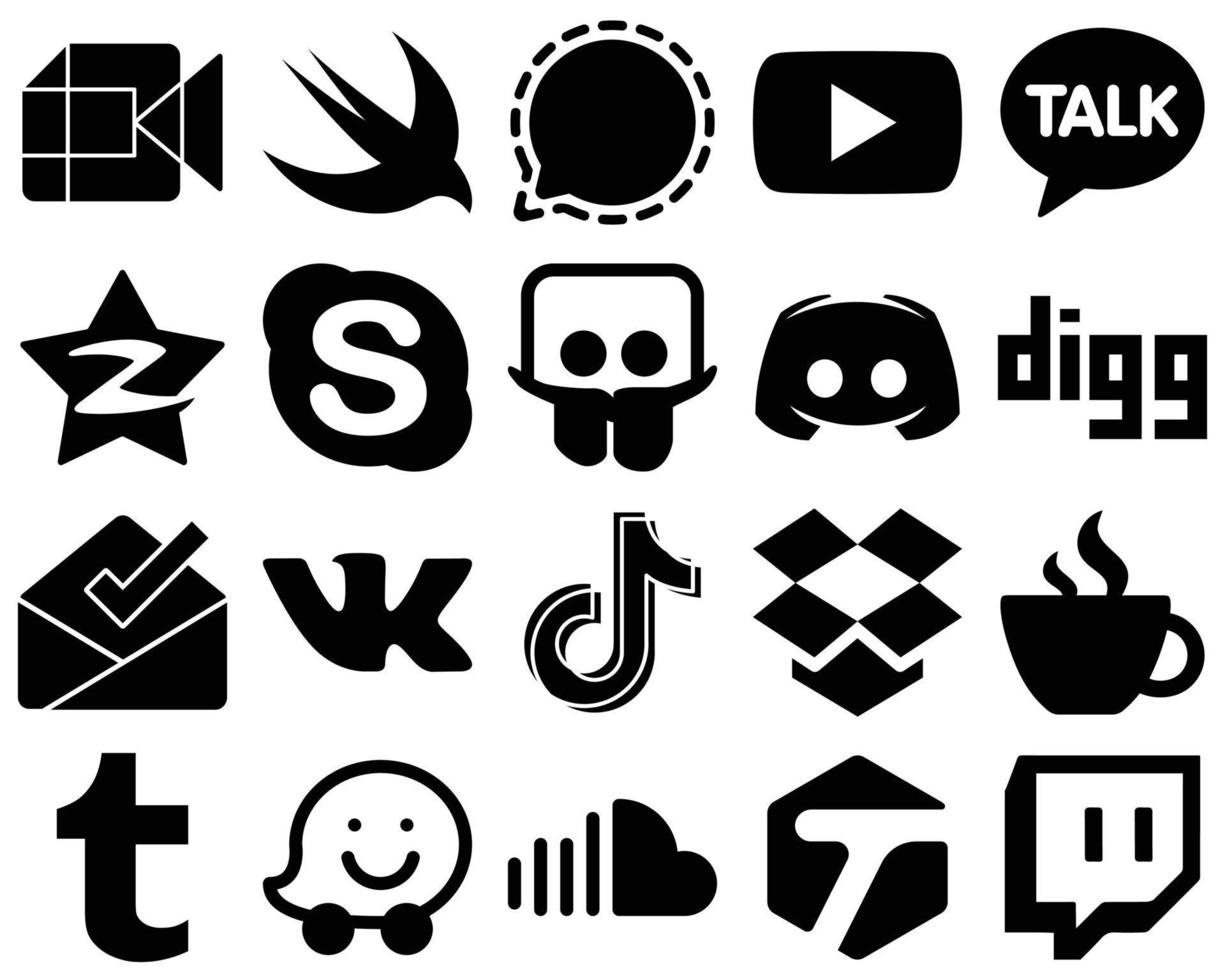 20 iconos de glifo sólido negro profesional, como mensaje. compartir diapositivas. iconos de video y chat. de alta calidad y minimalista vector