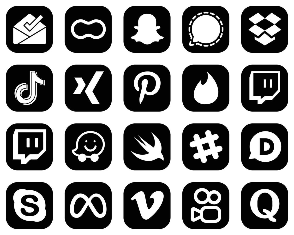 20 íconos versátiles de medios sociales blancos sobre fondo negro como twitch. pinterest buzón. iconos de xing y china. llamativo y de alta definición vector