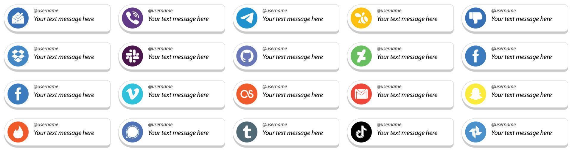 20 Elegant Card Style Follow Me Social Media Icons with Custom Message Option such as vimeo. fb. dislike. facebook and github icons. Professional and clean vector