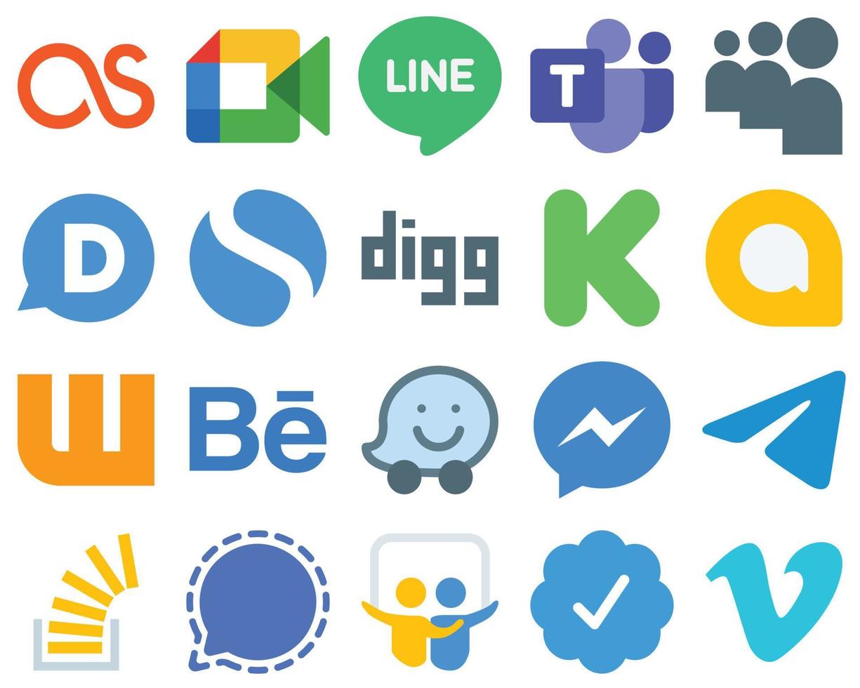 20 iconos planos de redes sociales de diseño gráfico plano messenger. comportamiento disqu. wattpad e iconos de financiación. conjunto de iconos de degradado de alta calidad vector