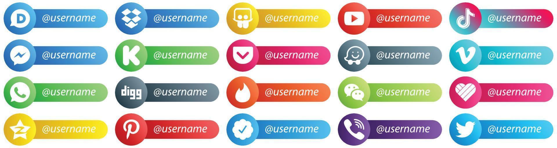 20 Minimalist Card Style Follow Me Social Media Icons such as vimeo. pocket. china. funding and fb icons. Modern and minimalist vector