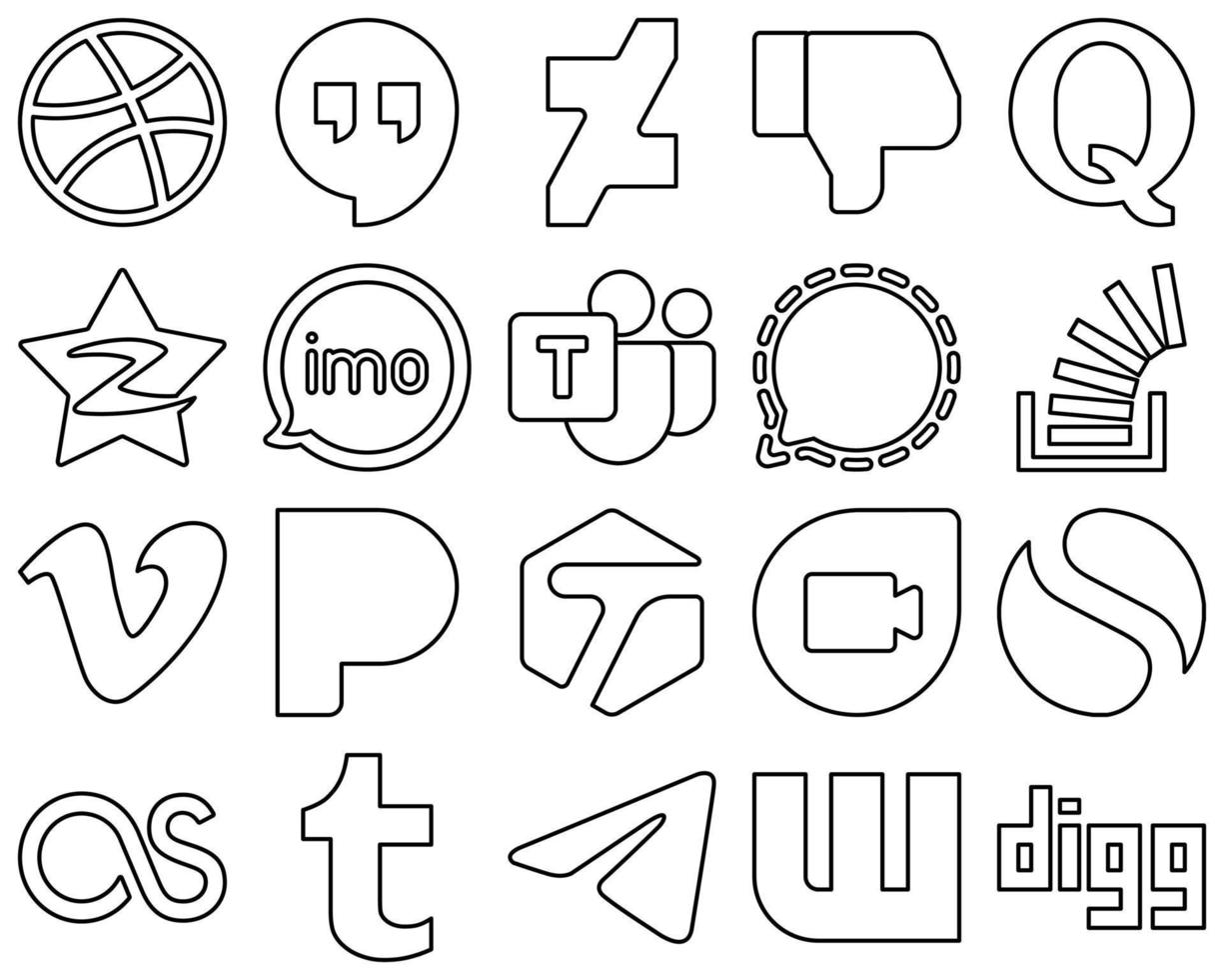 20 Professional Black Line Social Media Icons such as mesenger. tencent. microsoft team and video icons. High-resolution and fully customizable vector