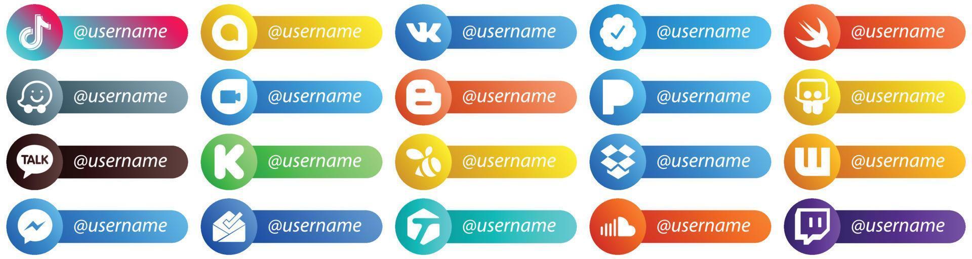 20 iconos únicos de estilo de tarjeta de plataforma de red social sígueme, como financiación. charla kakao. rápido. iconos de slideshare y blog. minimalista y personalizable vector