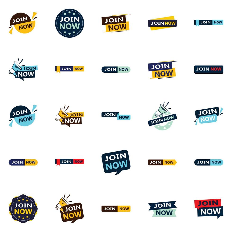25 diseños tipográficos de alta calidad para una campaña de unión premium únete ahora vector