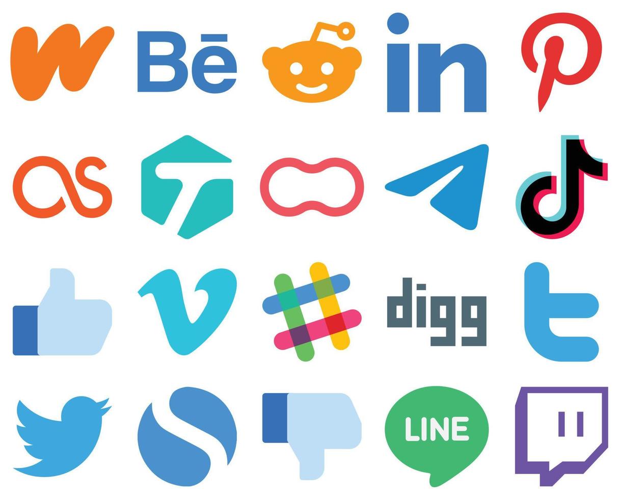 20 Flat Illustration Flat Social Media Icons video. tiktok. tagged and telegram icons. Professional Gradient Icon Set vector