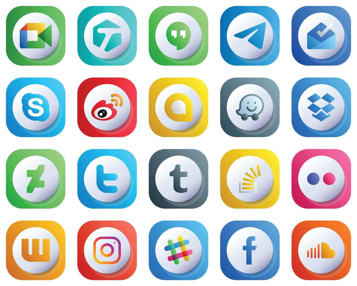 20 Cute Elegant 3D Gradient Social Media Icons such as dropbox. google allo. inbox and sina icons. Modern and Clean vector