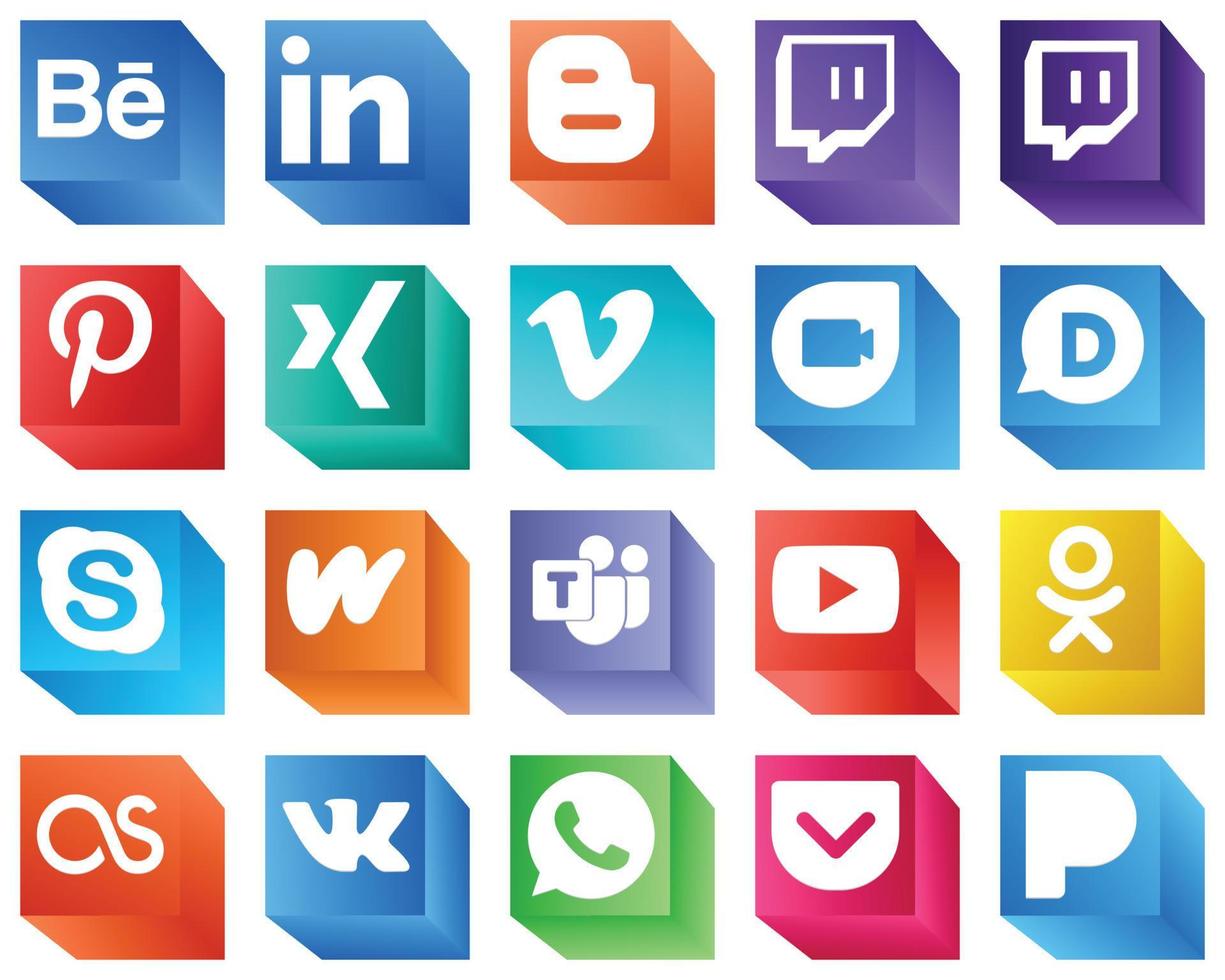 3D Social Media Brand Icons for Digital Media 20 Icons Pack such as literature. vimeo. wattpad and skype icons. Eye-catching and high-definition vector