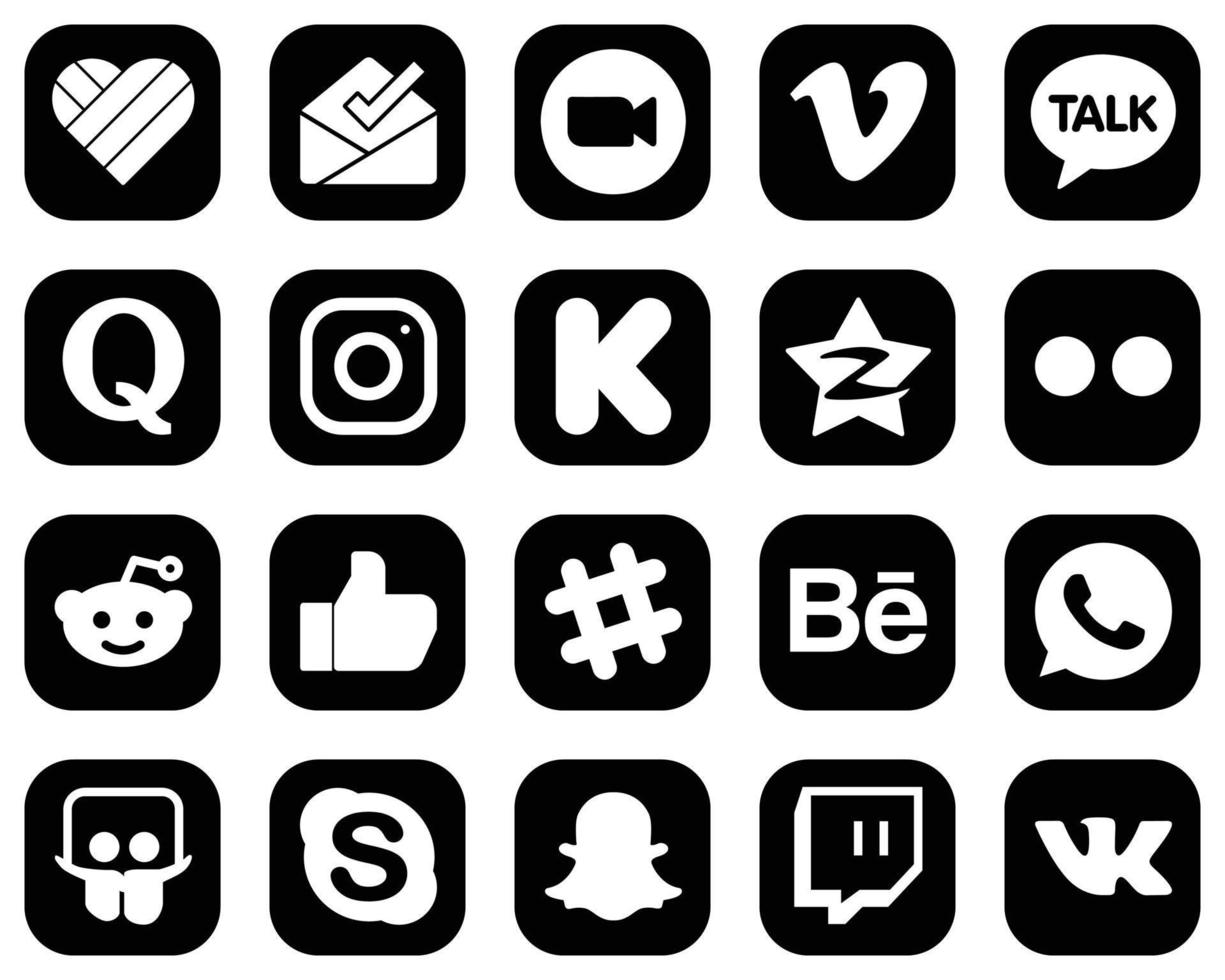 20 íconos profesionales de medios sociales blancos sobre fondo negro como tencent. fondos. charla kakao. iconos de kickstarter y meta. de alta calidad y minimalista vector