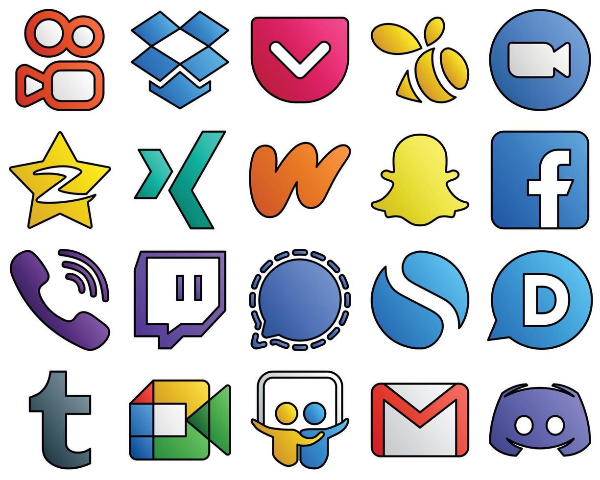 20 Unique icons facebook. qzone. snapchat and wattpad Filled Line Style Social Media Icon Set vector