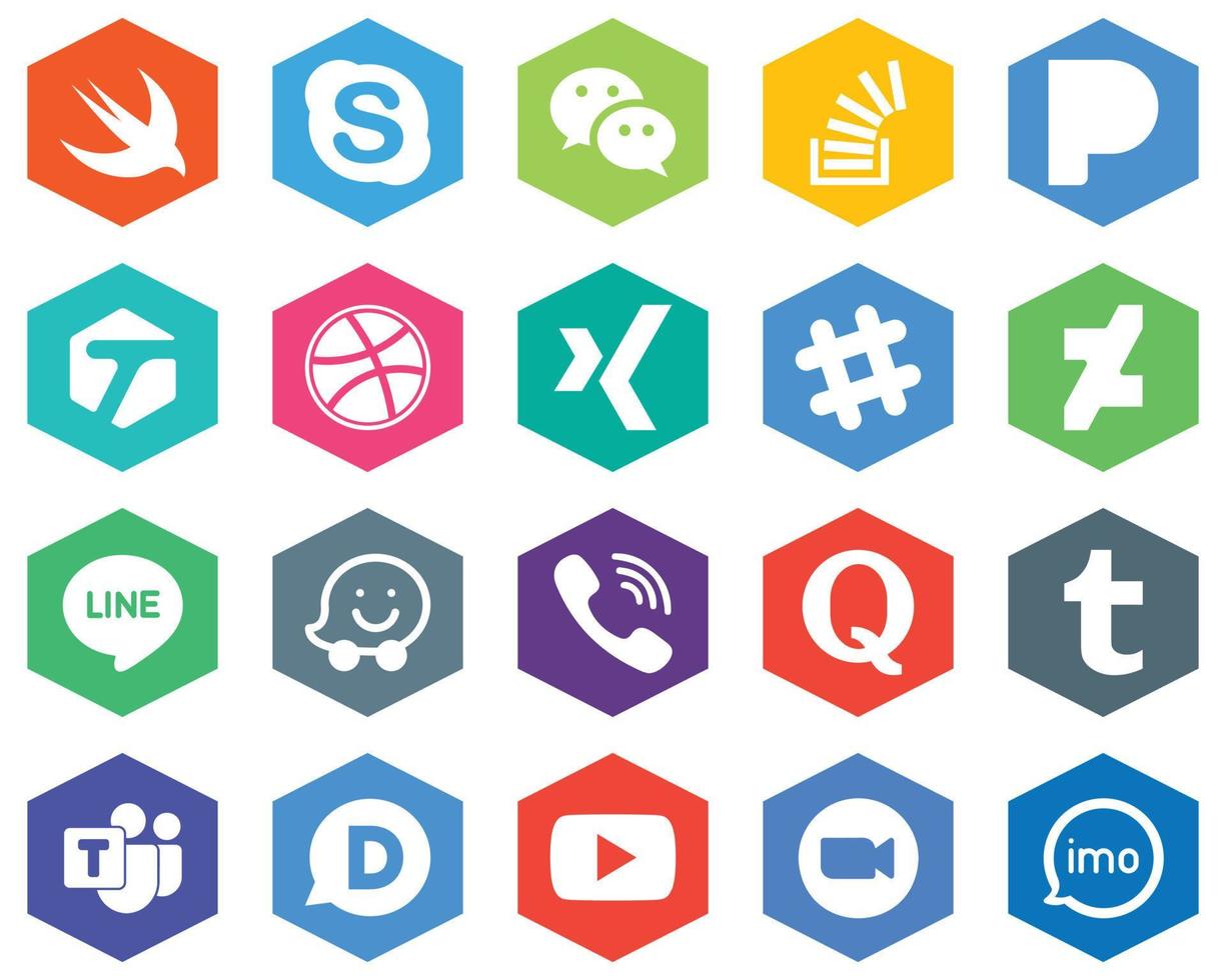 20 iconos viber blancos de alta calidad. línea. Desbordamiento. fondos de color plano hexagonal de deviantart y xing vector