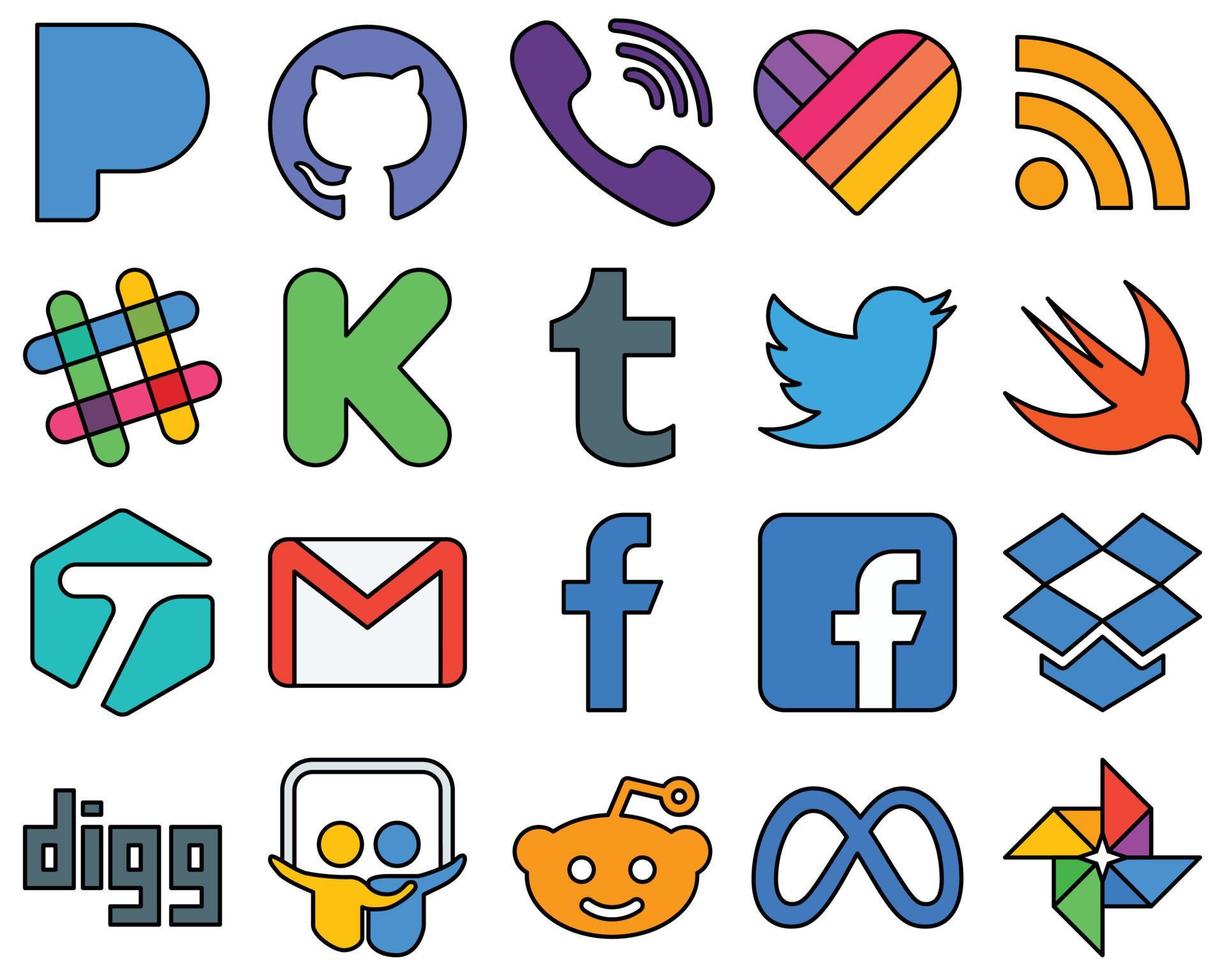 20 íconos de redes sociales llenos de líneas minimalistas, como el correo electrónico. etiquetado spotificar swift y twitter de alta resolución y profesional vector