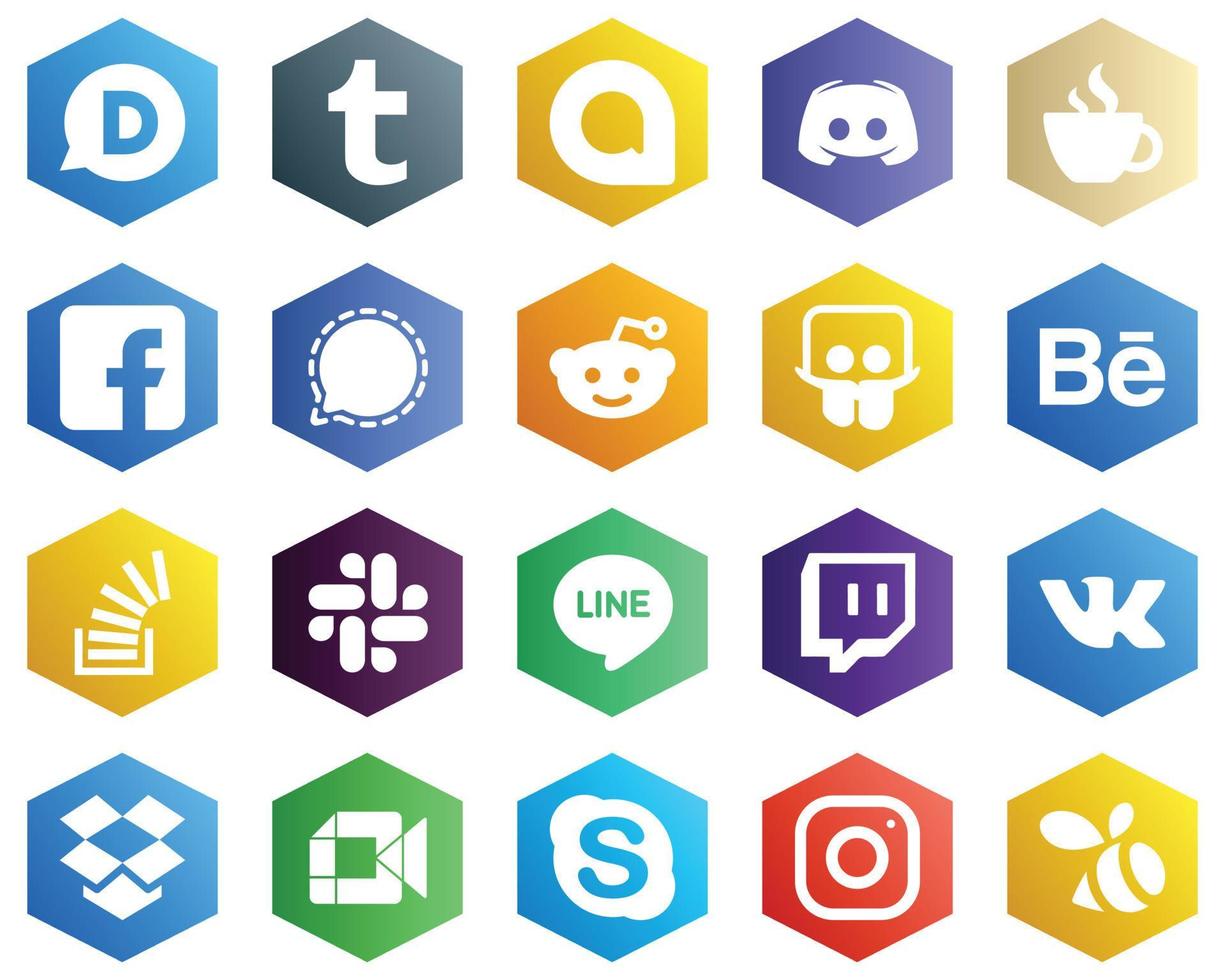 paquete de iconos blancos de color plano hexagonal como slideshare. iconos de transmisión y mensajería. 25 iconos personalizables vector