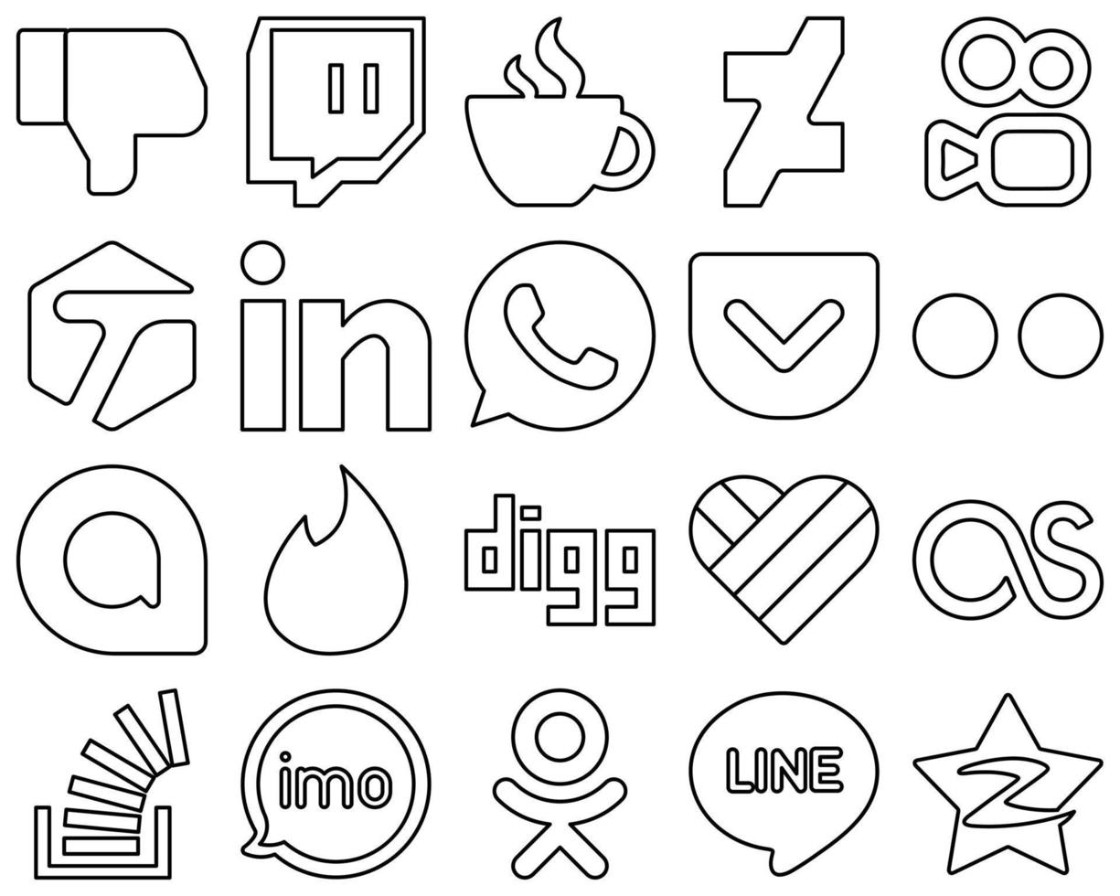 20 Fully Editable Black Line Social Media Icons such as digg. google allo. tagged. yahoo and pocket icons. High-resolution and editable vector