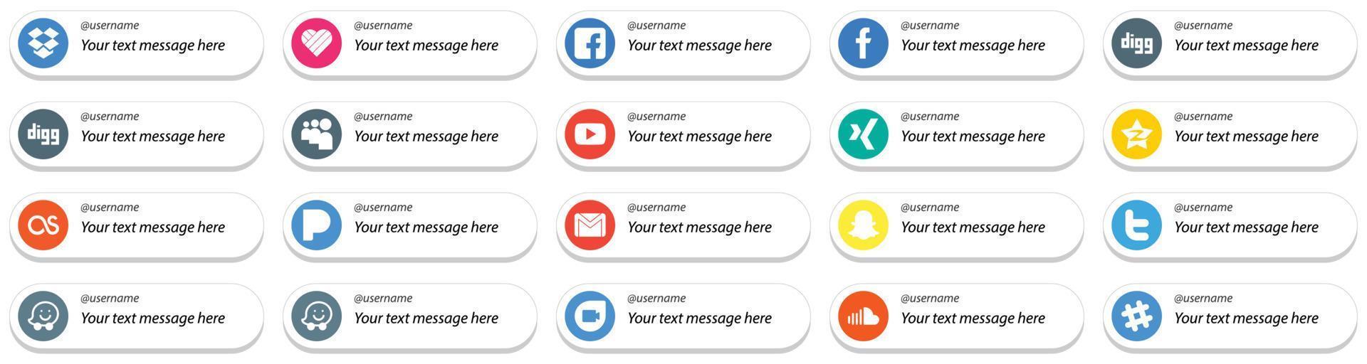 20 Minimalist Card Style Follow Me Social Media Icons with Customizable Message such as mail. gmail. video and pandora icons. Editable and high resolution vector