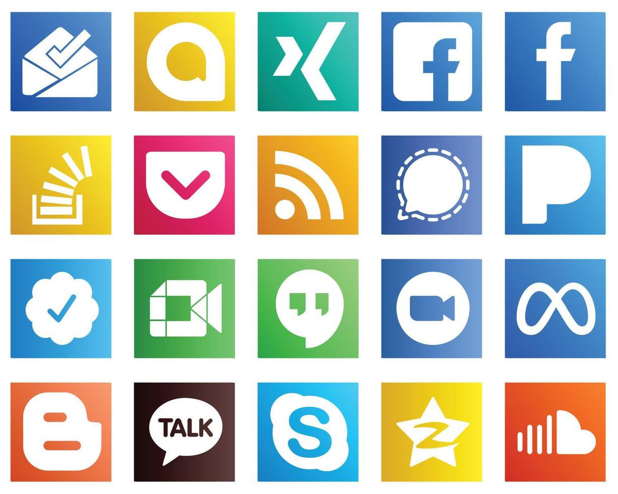 20 íconos de redes sociales para su marca, como la insignia verificada de Twitter. valores. iconos de mensajero y alimentación. llamativo y de alta calidad vector