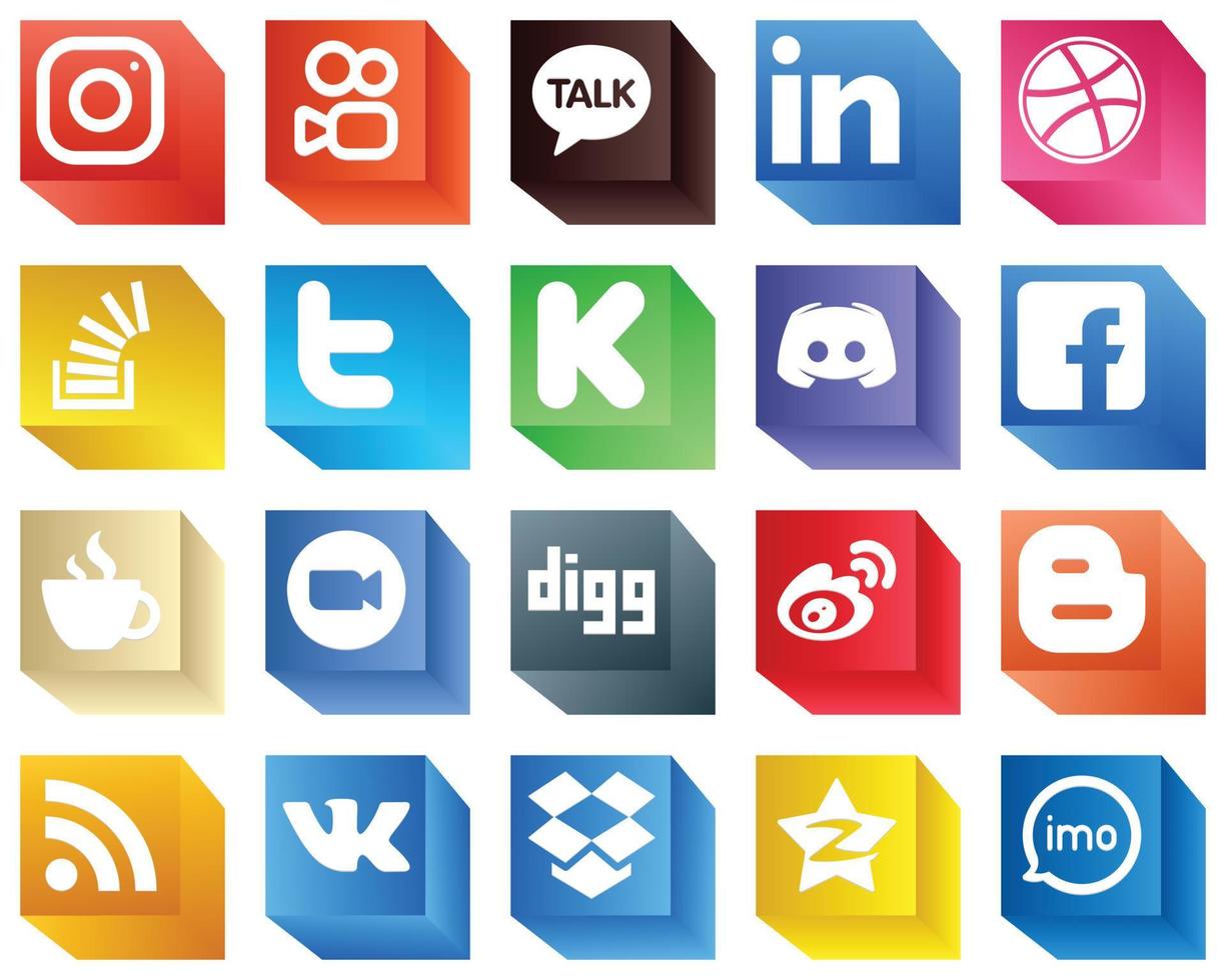 20 íconos únicos de redes sociales en 3D, como mensajes. fondos. desbordamiento de existencias. iconos de kickstarter y twitter. alta definición y profesional vector