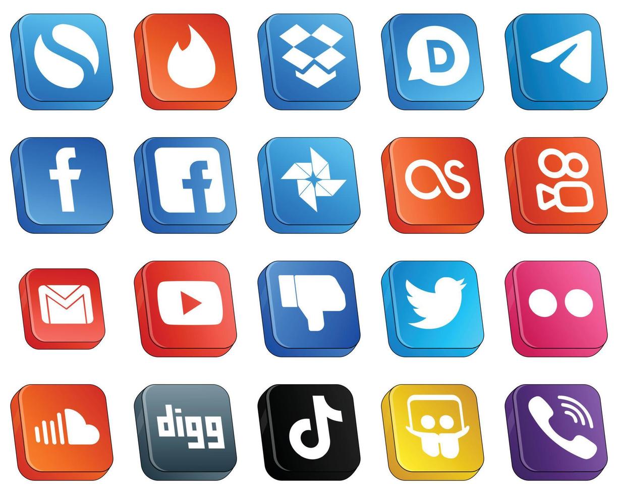 Isometric 3D Social Media Brand Icon Set 20 icons such as video. mail. fb. email and kuaishou icons. Premium and high-quality vector
