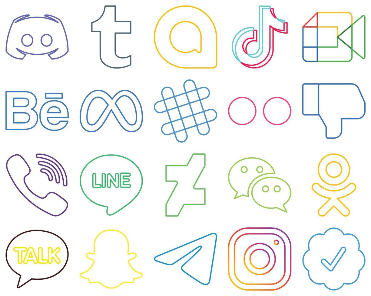 20 Eye-catching and vibrant Colourful Outline Social Media Icons such as spotify. meta. video. behance and video Customizable and high-resolution vector