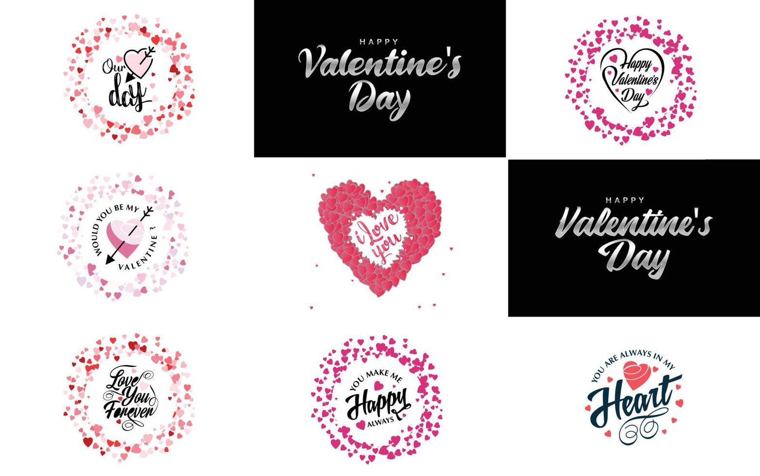 día de san valentín con letras negras dibujadas a mano y corazones rosas en la ilustración vectorial de fondo blanco adecuada para usar en el diseño de tarjetas. pancartas logotipos volantes etiquetas. iconos insignias y pegatinas vector