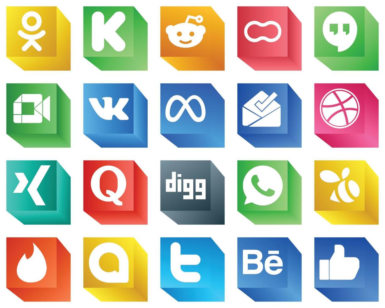 Paquete de 20 iconos de redes sociales profesionales en 3D, como quora. regatear encuentro de google bandeja de entrada y meta iconos. de alta calidad y moderno vector