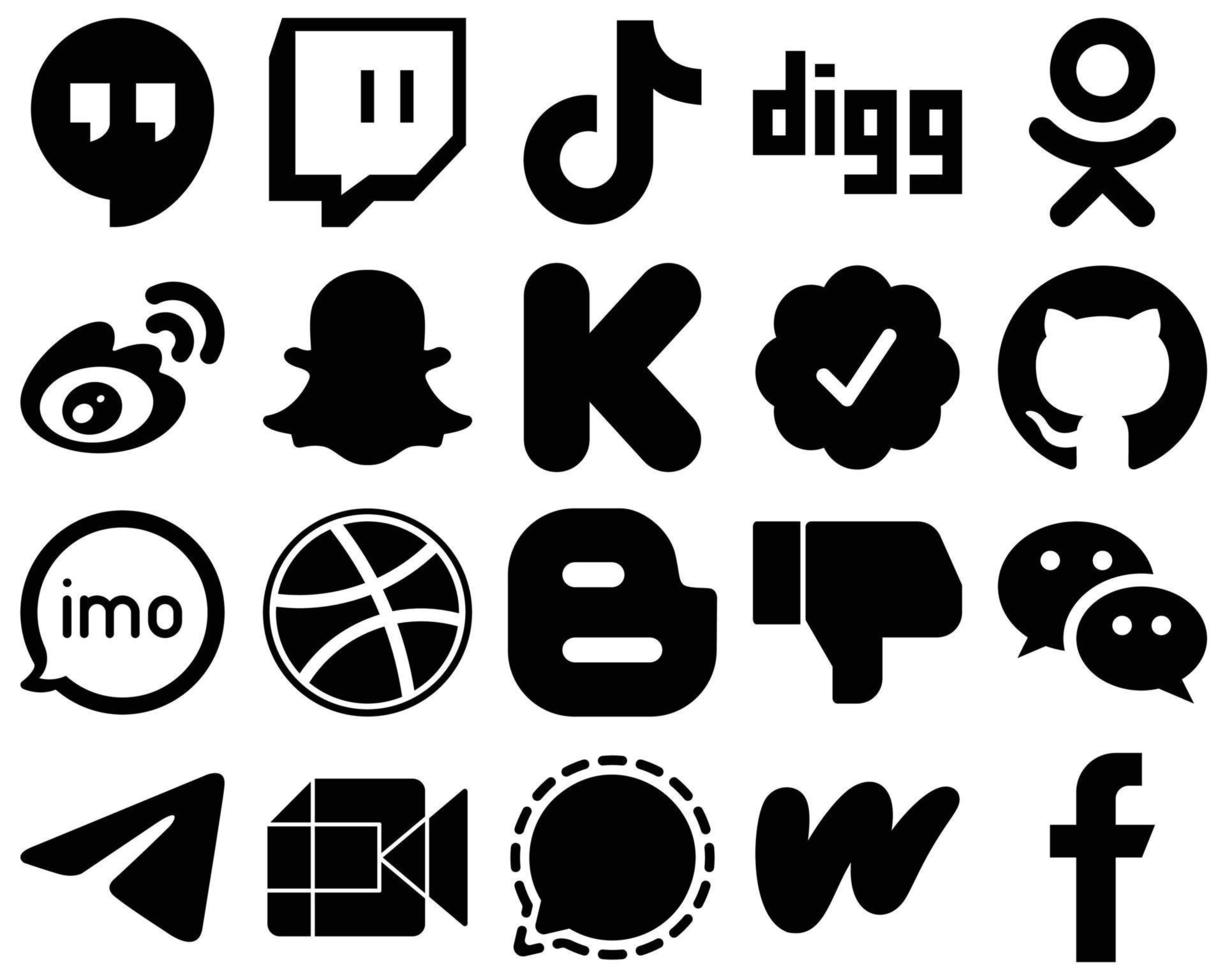 20 Fully Editable Black Solid Icon Set such as github. funding. odnoklassniki and kickstarter icons. Premium and high-quality vector