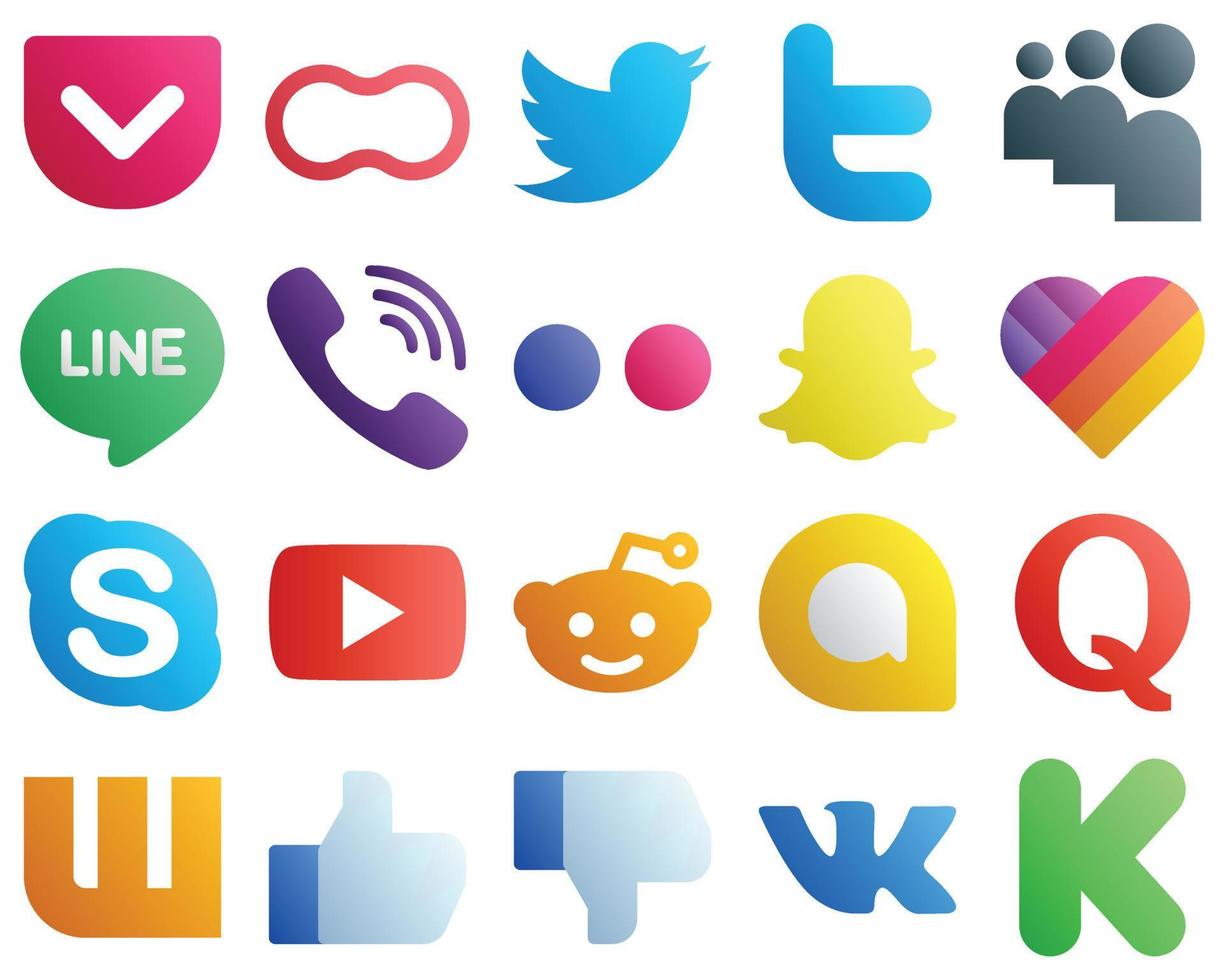 el icono de la marca de medios sociales degradados establece 20 iconos como youtube. skype vibración Iconos de me gusta y yahoo. premium y de alta calidad vector