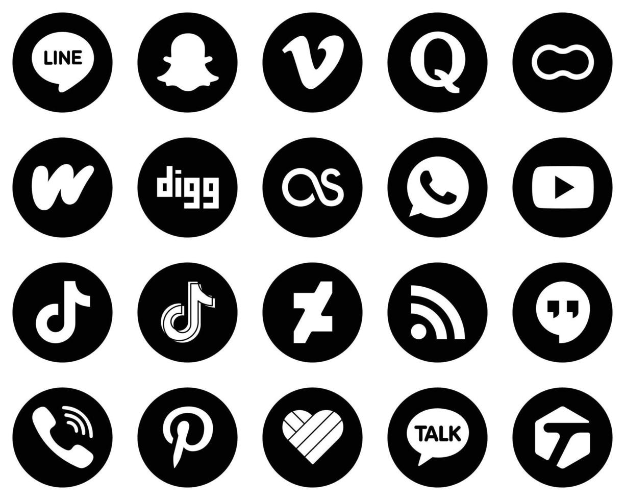 20 Professional White Social Media Icons on Black Background such as douyin. video. women. youtube and lastfm icons. Editable and high-resolution vector